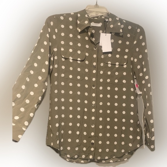 Equipment Women’s Silk Olive Sage Polka Dot Button-Down Long sleeve Shirt New M - Picture 2 of 14